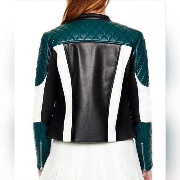 Color-block Vegan Leather Moto Jacket Black White Dark Green LARGE - Picture 4 of 13